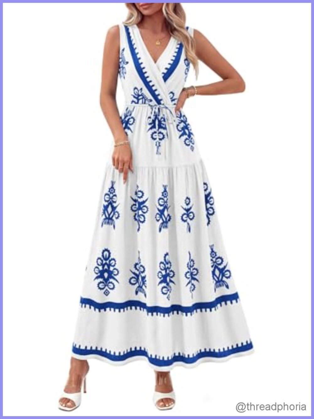 Women's Floral Maxi Dress V-Neck Sleeveless Belted Ruffle Boho Summer Dress